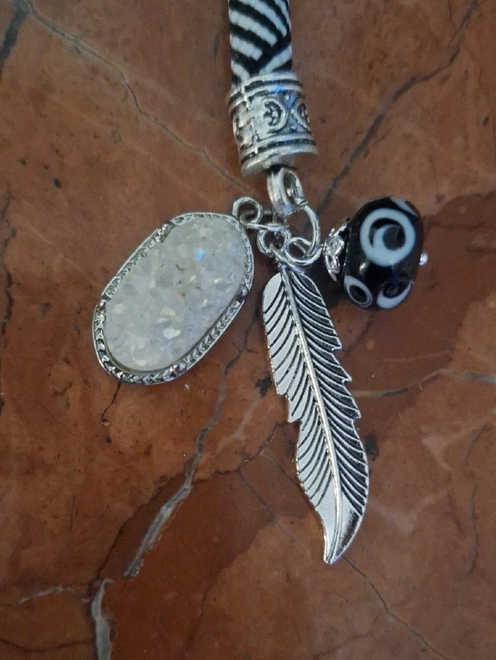 Boho Black & White Braided Tassel Bag Charm Keychain with Feather Charms